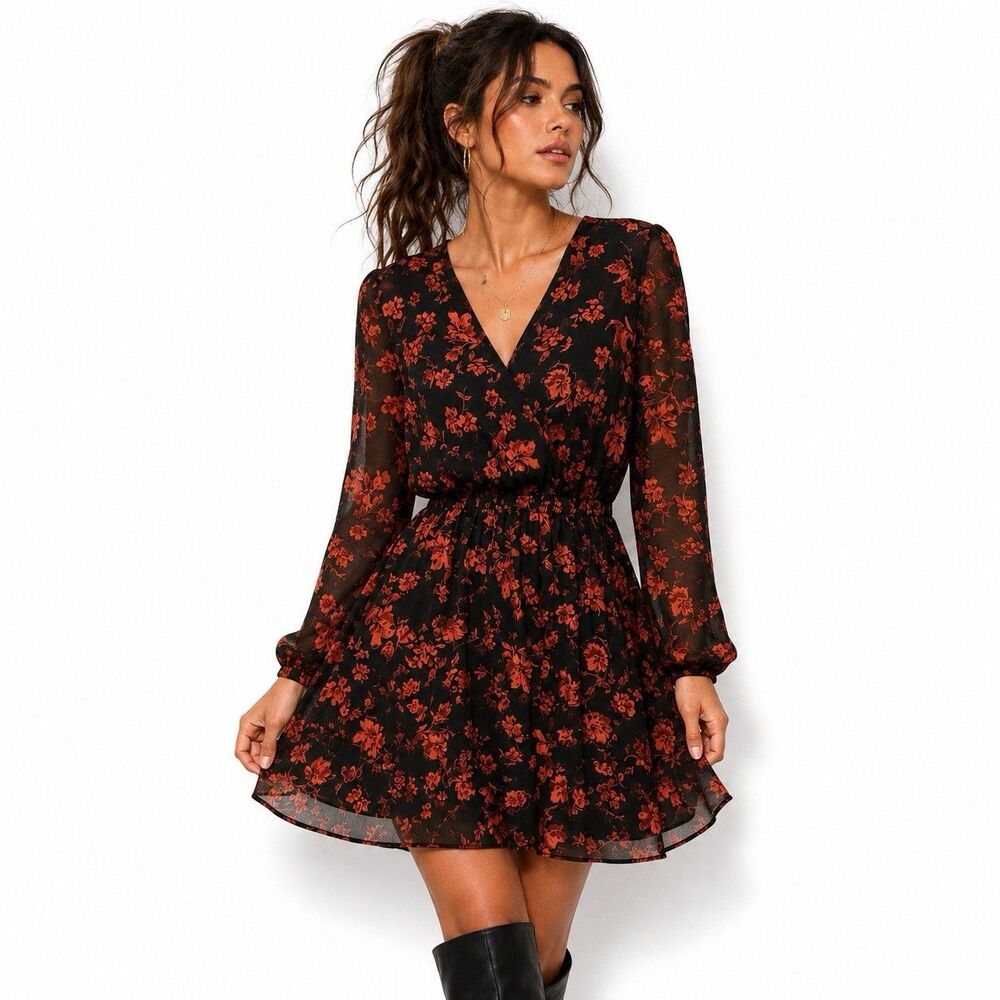 Black & Rust Floral Long Sleeve Surplice Mini Dress Romantic Boho L